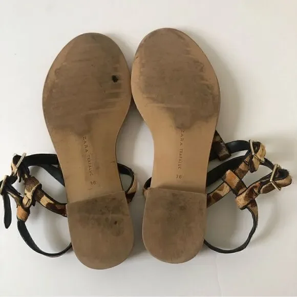 Zara leopard print real calf hair strappy thong sandals woman’s size 36 - Picture 9 of 10